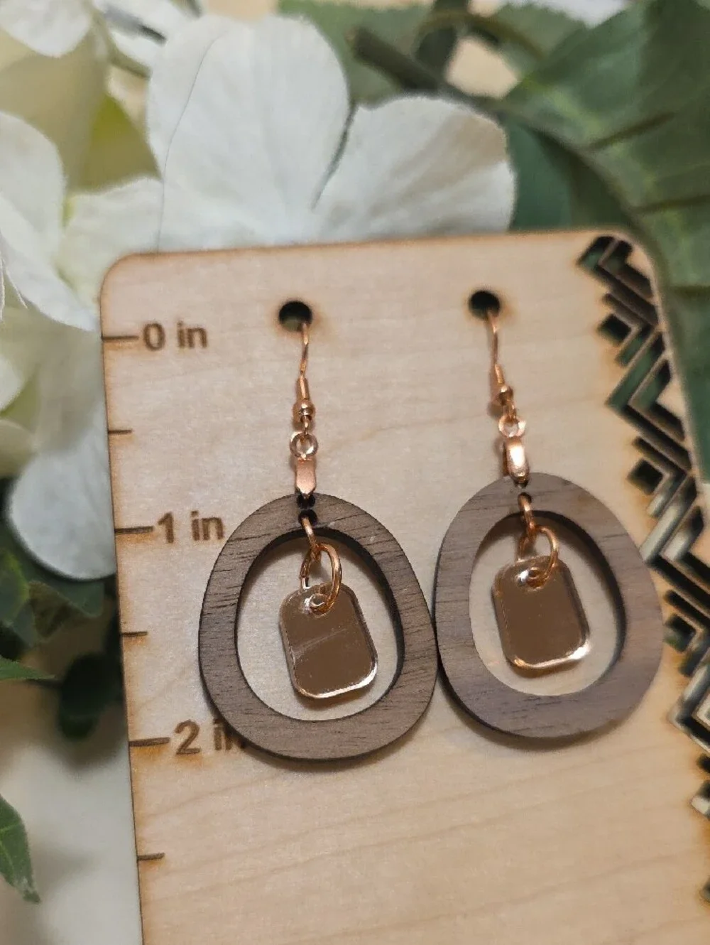 Wood and Rose Gold Dangle Earrings - Rose Gold Accents